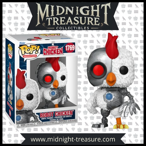 "Funko Pop! Robot Chicken – Robot Chicken (1769). Un poulet mi-robot mi-volaille avec son œil rouge cybernétique emblématique. Une figurine déjantée pour les fans de la série satirique Robot Chicken !"

