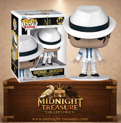 Funko Pop! Rocks N°345 – Michael Jackson dans sa tenue blanche iconique de Smooth Criminal avec son célèbre fedora.