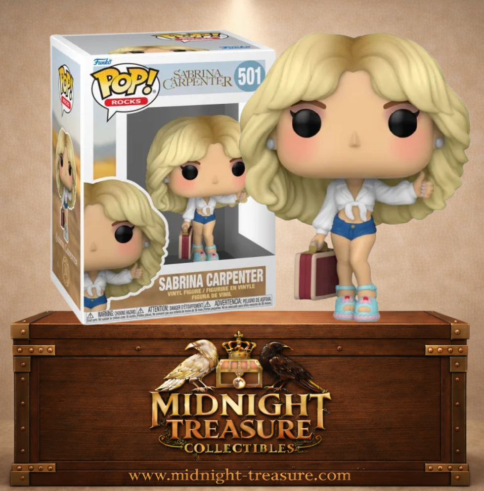 Funko Pop! Rocks N°501 – Sabrina Carpenter dans sa tenue blanche et denim avec valise inspirée du clip Manchild.