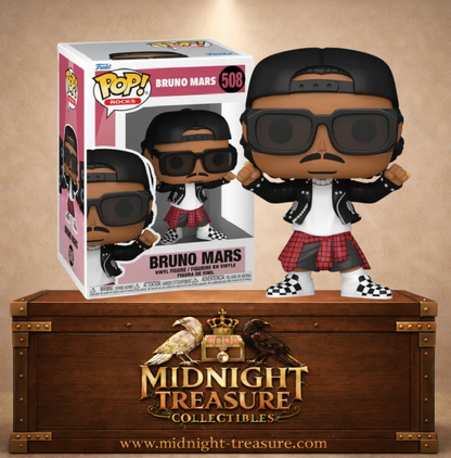 Funko Pop! Rocks N°508 Bruno Mars dans le clip APT. avec casquette noire, lunettes de soleil, veste noire et chemise rouge à carreaux.