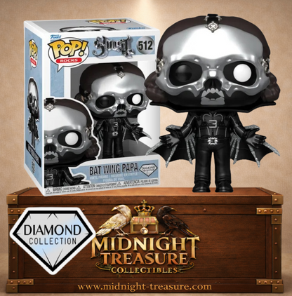 Funko Pop! Rocks N°512 – Bat Wing Papa de Ghost, Papa V Perpetua avec masque argenté et ailes de chauve-souris, version Diamond Collection.