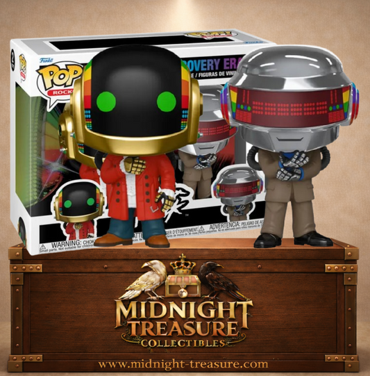 Funko Pop! Rocks Daft Punk Discovery Era Pack avec Thomas Bangalter et Guy-Manuel de Homem-Christo dans leurs tenues robotiques iconiques de l'album Discovery.