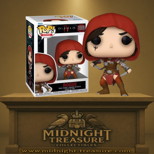 Funko Pop! Diablo IV – Rogue (N°1009). Figurine avec capuchon rouge, dagues jumelles et tatouage facial. Une pièce sombre et dynamique pour les fans de Diablo.