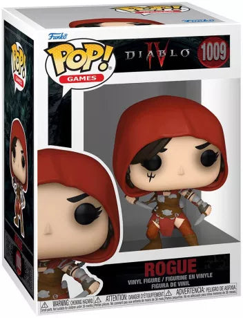 Funko Pop! Diablo IV – Rogue (N°1009). Figurine avec capuchon rouge, dagues jumelles et tatouage facial. Une pièce sombre et dynamique pour les fans de Diablo.