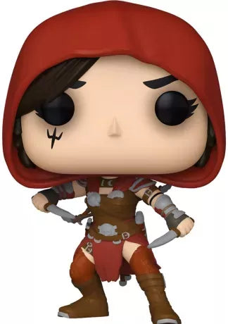 Funko Pop! Diablo IV – Rogue (N°1009). Figurine avec capuchon rouge, dagues jumelles et tatouage facial. Une pièce sombre et dynamique pour les fans de Diablo.