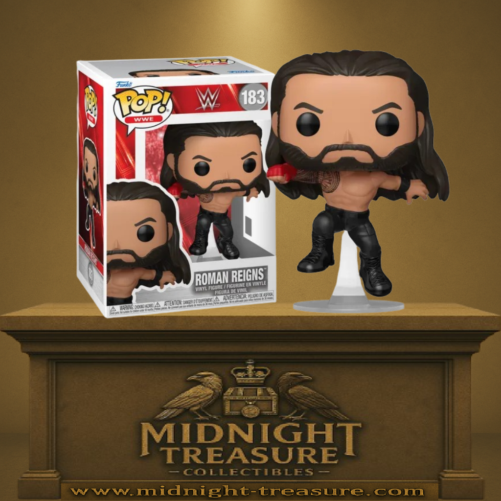 Funko Pop! WWE – Roman Reigns (N°183). Figurine dynamique avec Superman Punch, tatouages tribaux détaillés, pantalon noir et socle de présentation. Une pièce incontournable pour les fans de catch et de la WWE.