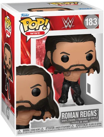 Funko Pop! WWE – Roman Reigns (N°183). Figurine dynamique avec Superman Punch, tatouages tribaux détaillés, pantalon noir et socle de présentation. Une pièce incontournable pour les fans de catch et de la WWE.