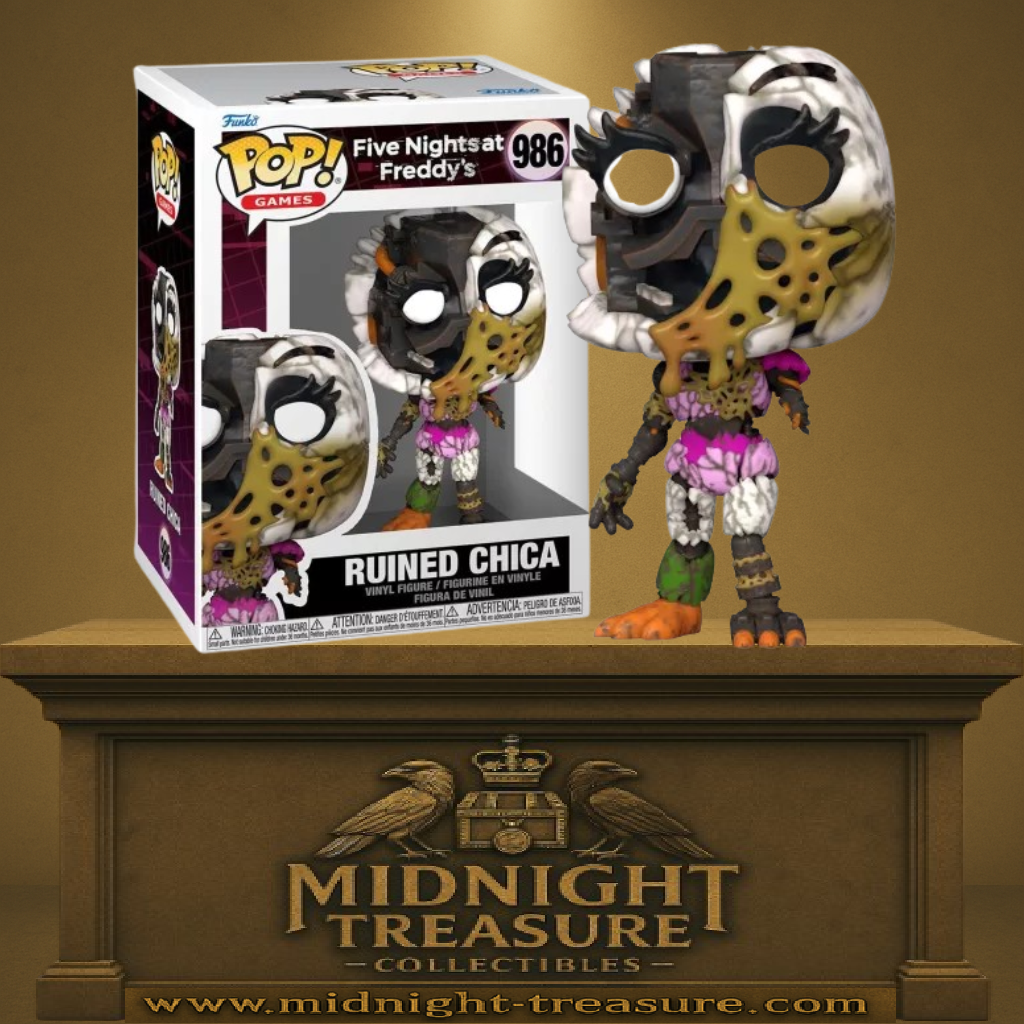 Funko Pop! Five Nights at Freddy’s – Ruined Chica (N°986). Figurine de Chica en état ruiné, corps fissuré et mécanique apparente, avec détails horrifiques réalistes. Une pièce effrayante pour les fans de FNAF.
