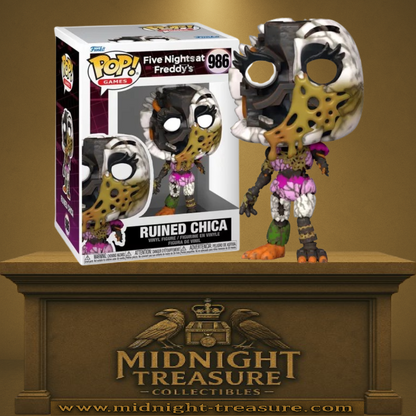 Funko Pop! Five Nights at Freddy’s – Ruined Chica (N°986). Figurine de Chica en état ruiné, corps fissuré et mécanique apparente, avec détails horrifiques réalistes. Une pièce effrayante pour les fans de FNAF.