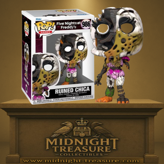 Funko Pop! Five Nights at Freddy’s – Ruined Chica (N°986). Figurine de Chica en état ruiné, corps fissuré et mécanique apparente, avec détails horrifiques réalistes. Une pièce effrayante pour les fans de FNAF.
