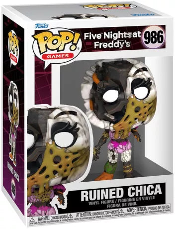 Funko Pop! Five Nights at Freddy’s – Ruined Chica (N°986). Figurine de Chica en état ruiné, corps fissuré et mécanique apparente, avec détails horrifiques réalistes. Une pièce effrayante pour les fans de FNAF.