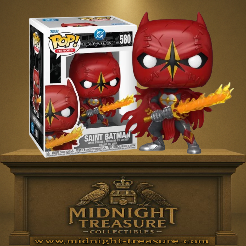 Funko Pop! DC Comics – Saint Batman (Batman Saint) (N°580). Figurine représentant Batman dans son armure rouge avec une épée enflammée. Une Pop! impressionnante issue du Dark Multiverse pour les fans de DC Comics.