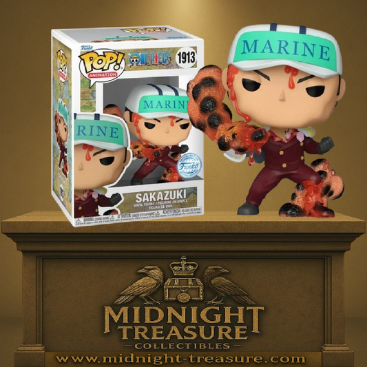 Funko Pop! One Piece – Sakazuki (Akainu) (n°1913) – Funko Exclusive. Akainu dans son uniforme Marine, bras en lave, expression déterminée. Une figurine explosive pour les fans de One Piece.