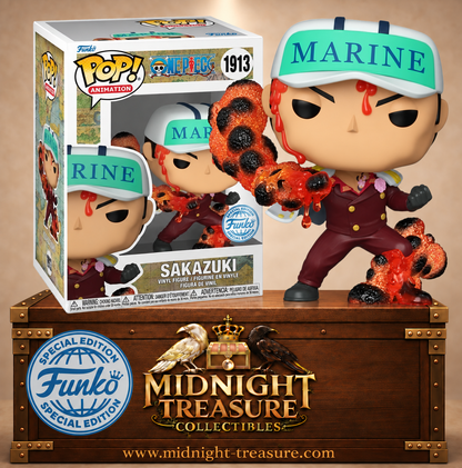 Funko Pop! One Piece – Sakazuki (Akainu) (n°1913) – Funko Exclusive. Akainu dans son uniforme Marine, bras en lave, expression déterminée. Une figurine explosive pour les fans de One Piece.