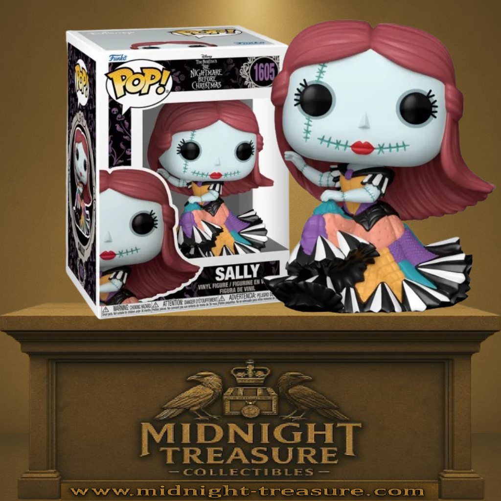 Funko Pop! L’Étrange Noël de Monsieur Jack – Sally (N°1605). Figurine de Sally en robe colorée cousue, cheveux rouges et peau bleue, assise avec élégance, fidèle au style Tim Burton.