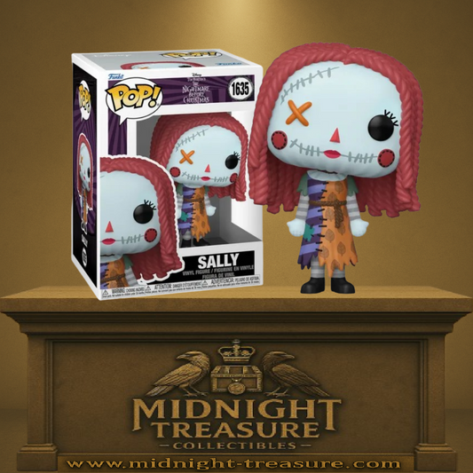 Funko Pop! Nightmare Before Christmas – Sally (N°1635). Sally debout, cheveux tressés rouges, œil bouton orange et robe patchwork. Figurine détaillée et colorée pour les fans du film.
