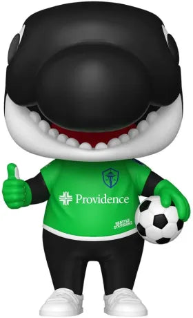 Funko Pop! MLS – Sammy The Sounder (N°06) – Seattle Sounders FC. Figurine représentant la mascotte orque avec maillot vert Providence, ballon de football et pouce levé.