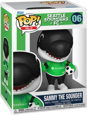 Funko Pop! MLS – Sammy The Sounder (N°06) – Seattle Sounders FC. Figurine représentant la mascotte orque avec maillot vert Providence, ballon de football et pouce levé.