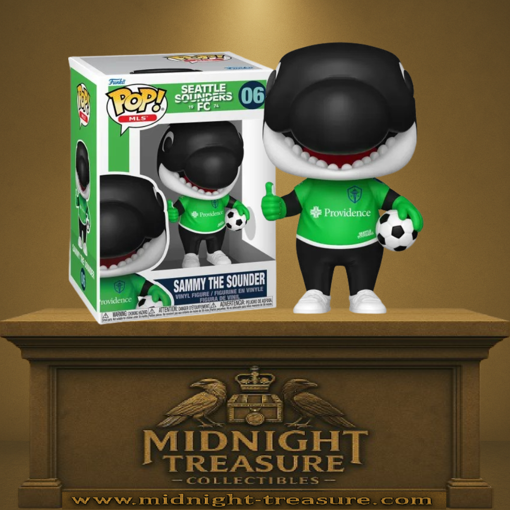 Funko Pop! MLS – Sammy The Sounder (N°06) – Seattle Sounders FC. Figurine représentant la mascotte orque avec maillot vert Providence, ballon de football et pouce levé.