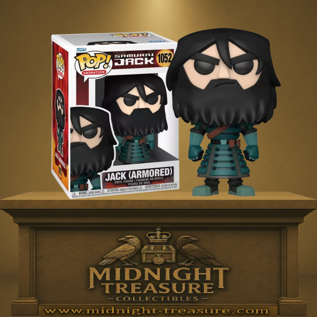 Funko Pop! Samurai Jack – Jack Armored (N°1052). Jack en armure de samouraï vert foncé, barbe fournie et cheveux longs, prêt au combat. Une figurine détaillée et incontournable pour les fans de la série culte.