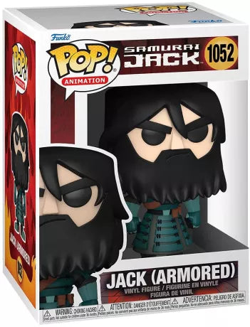 Funko Pop! Samurai Jack – Jack Armored (N°1052). Jack en armure de samouraï vert foncé, barbe fournie et cheveux longs, prêt au combat. Une figurine détaillée et incontournable pour les fans de la série culte.