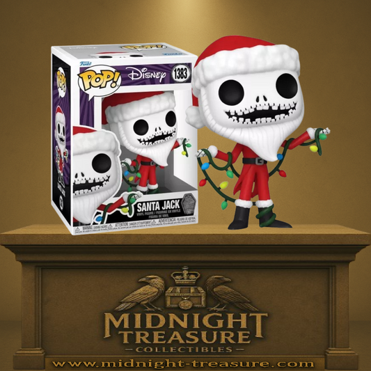 Funko Pop! L’Étrange Noël de Monsieur Jack – Santa Jack (N°1383). Figurine de Jack Skellington déguisé en Père Noël avec barbe blanche et guirlande lumineuse. Une pièce festive et incontournable pour les fans de Tim Burton et Disney.
