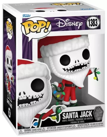 Funko Pop! L’Étrange Noël de Monsieur Jack – Santa Jack (N°1383). Figurine de Jack Skellington déguisé en Père Noël avec barbe blanche et guirlande lumineuse. Une pièce festive et incontournable pour les fans de Tim Burton et Disney.