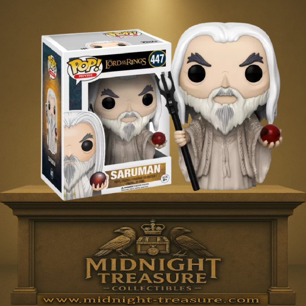 Funko Pop! Le Seigneur des Anneaux – Saroumane (N°447). Le magicien blanc corrompu avec son bâton noir et le palantír rouge. Une figurine imposante pour les fans de la saga de Tolkien