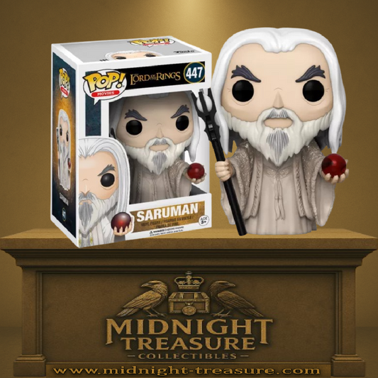 Funko Pop! Le Seigneur des Anneaux – Saroumane (N°447). Le magicien blanc corrompu avec son bâton noir et le palantír rouge. Une figurine imposante pour les fans de la saga de Tolkien