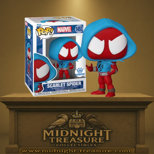 Funko Pop! Marvel Comics – Scarlet Spider (N°1453 Exclusive). Figurine exclusive de Ben Reilly en Scarlet Spider, avec costume rouge et sweat bleu à capuche. Une pièce culte et rare pour les fans de Spider-Man et Marvel.