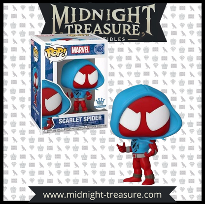 "Funko Pop! Marvel – Scarlet Spider (1453). Le Scarlet Spider en tenue rouge et bleu avec sa capuche iconique, prêt pour l'action. Une figurine dynamique et incontournable pour les fans de l'univers Spider-Man et des super-héros Marvel !"

