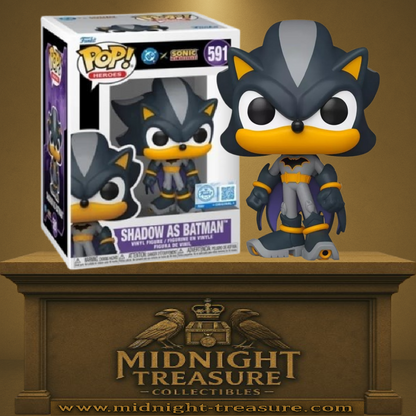 Funko Pop! Sonic the Hedgehog x DC Comics – Shadow as Batman (N°591). Figurine de Shadow déguisé en Batman avec cape violette et costume noir. Un crossover unique et iconique.