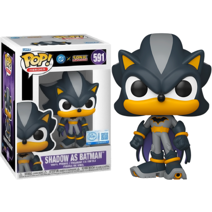Funko Pop! Sonic the Hedgehog x DC Comics – Shadow as Batman (N°591). Figurine de Shadow déguisé en Batman avec cape violette et costume noir. Un crossover unique et iconique.