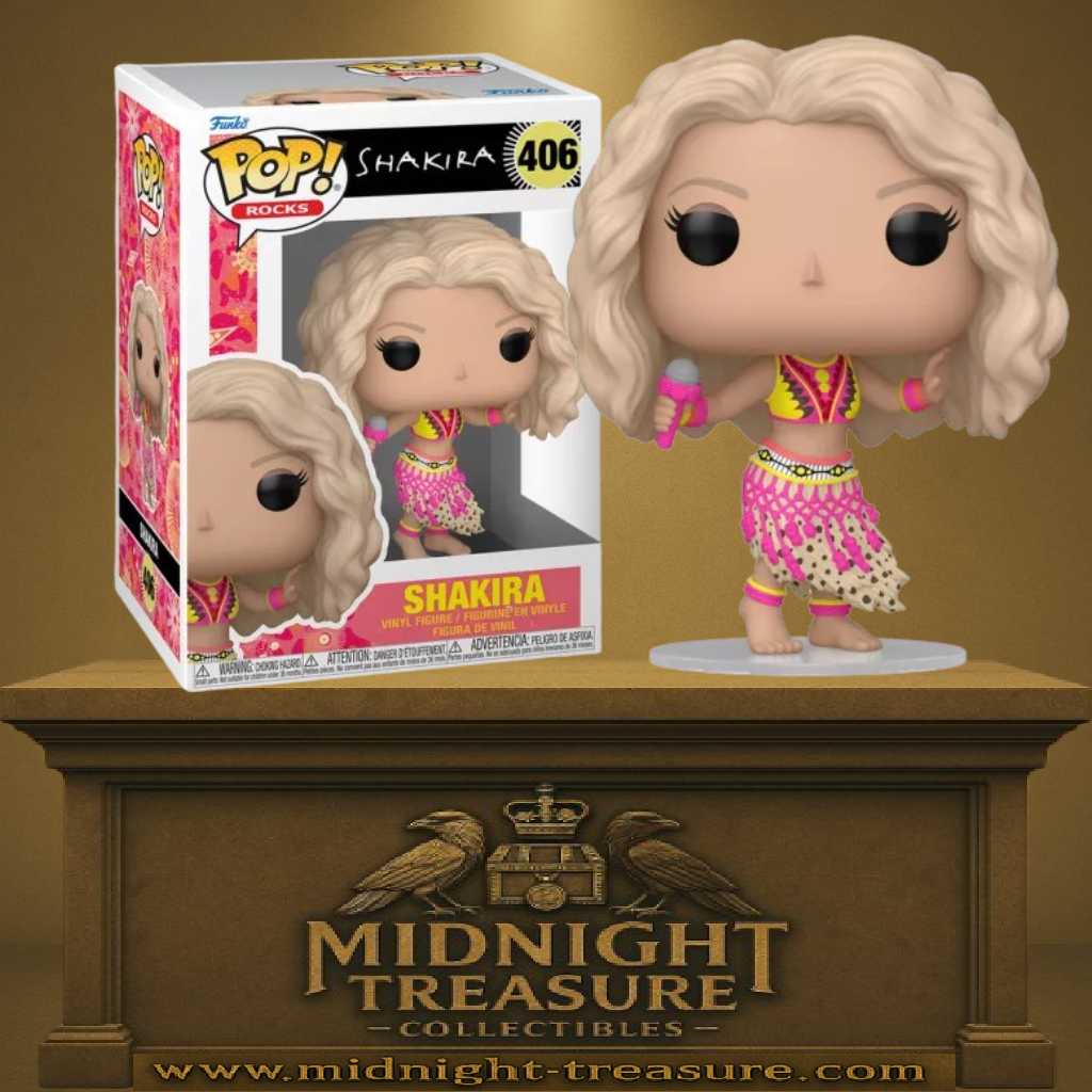 Funko Pop! Shakira – Waka Waka (N°406). Figurine représentant Shakira dans sa tenue colorée du clip, micro à la main et pieds nus. Une Pop! pleine d’énergie et de bonne humeur pour les fans de musique.