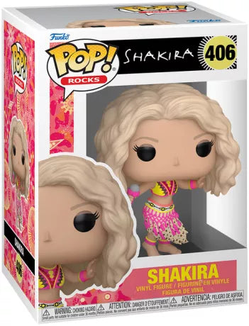Funko Pop! Shakira – Waka Waka (N°406). Figurine représentant Shakira dans sa tenue colorée du clip, micro à la main et pieds nus. Une Pop! pleine d’énergie et de bonne humeur pour les fans de musique.