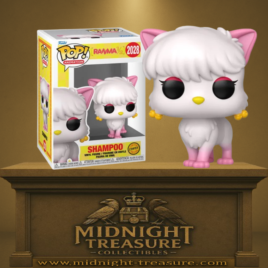 Funko Pop! Ranma ½ – Shampoo (Forme Chat) – Chase (N°2028). Chat blanc aux pattes et oreilles roses, yeux noirs avec fard rose et boucles d’oreilles dorées. Figurine rare et adorable pour les fans de Ranma ½.