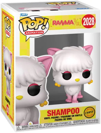 Funko Pop! Ranma ½ – Shampoo (Forme Chat) – Chase (N°2028). Chat blanc aux pattes et oreilles roses, yeux noirs avec fard rose et boucles d’oreilles dorées. Figurine rare et adorable pour les fans de Ranma ½.

