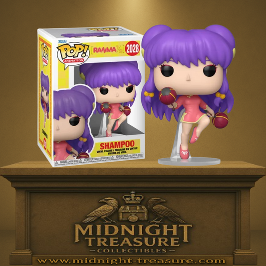 Funko Pop! Ranma ½ – Shampoo (N°2028). Shampoo en tenue rose avec cheveux violets et deux massues chinoises, en plein mouvement. Figurine dynamique pour les fans de Ranma ½.

