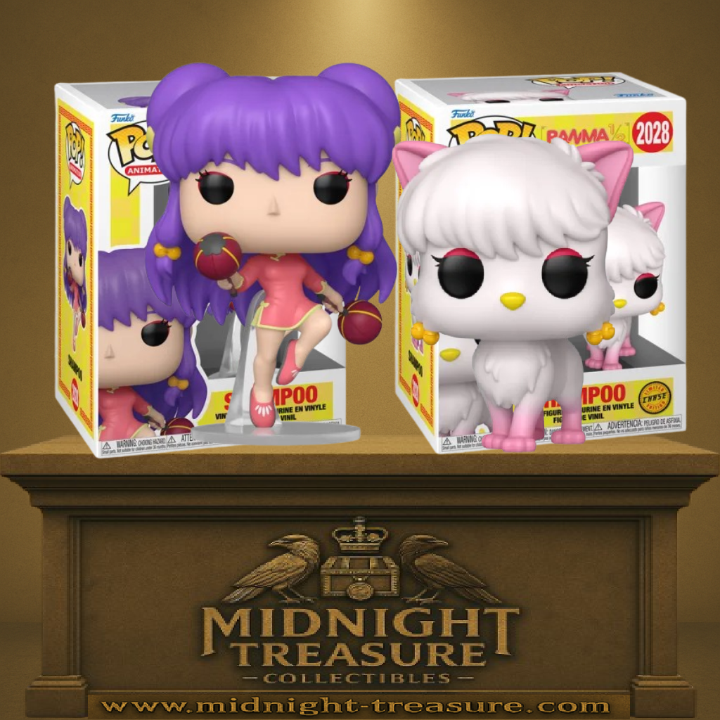 Funko Pop! Ranma ½ – Shampoo & Shampoo Chase (N°2028). Shampoo en tenue qipao rouge avec cheveux violets et armes circulaires, et version Chase en chat blanc et rose avec boucles d’oreilles dorées. Figurines fidèles au personnage emblématique de la série.

