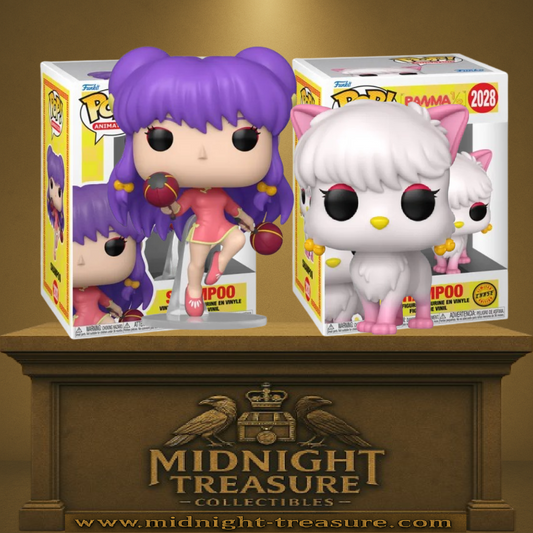 Funko Pop! Ranma ½ – Shampoo & Shampoo Chase (N°2028). Shampoo en tenue qipao rouge avec cheveux violets et armes circulaires, et version Chase en chat blanc et rose avec boucles d’oreilles dorées. Figurines fidèles au personnage emblématique de la série.

