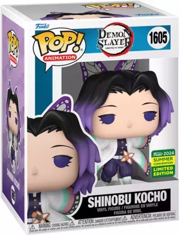 Funko Pop! Shinobu Kocho (1605) – Demon Slayer Summer Convention 2024 Limited Edition, figurine détaillée du Pilier de l’Insecte avec son haori papillon et son sourire énigmatique.