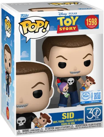 Funko Pop! Toy Story – Sid (N°1598). Figurine exclusive avec t-shirt tête de mort, sourire métallique et jouets Buzz et Woody malmenés. Une pièce culte et incontournable pour les fans de Pixar.