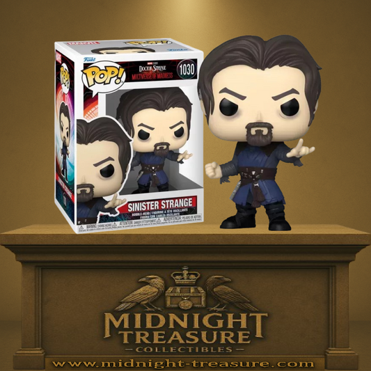 Funko Pop! Marvel – Sinister Strange (N°1030). Figurine représentant la version corrompue de Doctor Strange, en tenue bleu nuit sombre, avec regard menaçant et geste incantatoire. Une pièce incontournable pour les fans du multivers Marvel.