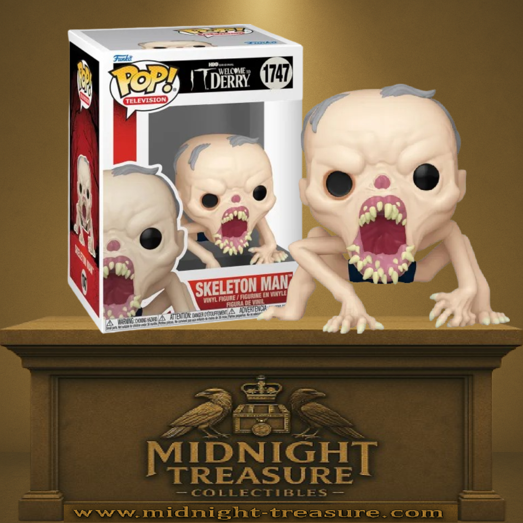Funko Pop! Welcome to Derry – Skeleton Man (N°1747). Figurine représentant Skeleton Man avec son crâne déformé, sa peau pâle et sa bouche garnie de crocs. Une pièce horrifique parfaite pour les fans de Stephen King.