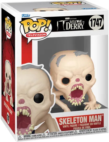 Funko Pop! Welcome to Derry – Skeleton Man (N°1747). Figurine représentant Skeleton Man avec son crâne déformé, sa peau pâle et sa bouche garnie de crocs. Une pièce horrifique parfaite pour les fans de Stephen King.