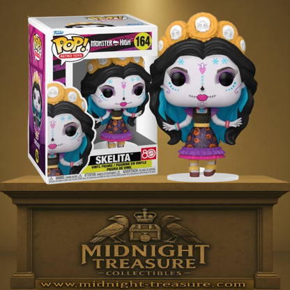 Funko Pop! Monster High – Skelita (N°164). Figurine représentant Skelita avec sa robe colorée, son maquillage Día de los Muertos et sa couronne de fleurs. Une pièce emblématique pour les fans de Monster High.