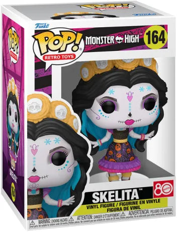 Funko Pop! Monster High – Skelita (N°164). Figurine représentant Skelita avec sa robe colorée, son maquillage Día de los Muertos et sa couronne de fleurs. Une pièce emblématique pour les fans de Monster High.