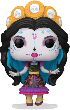 Funko Pop! Monster High – Skelita (N°164). Figurine représentant Skelita avec sa robe colorée, son maquillage Día de los Muertos et sa couronne de fleurs. Une pièce emblématique pour les fans de Monster High.