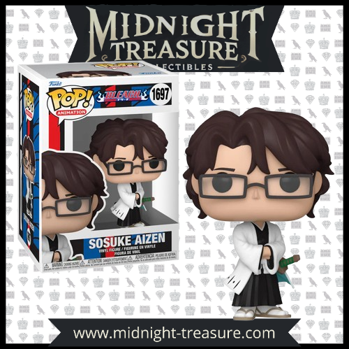 "Funko Pop! Sōsuke Aizen (1697) de Bleach, figurine de collection représentant l’ancien capitaine de la 5e division, célèbre pour son pouvoir d’illusion et son ambition de dominer la Soul Society."