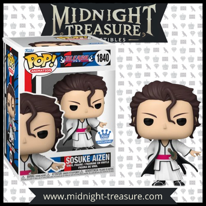 Funko Pop Sosuke Aizen 1840 de Bleach, version exclusive représentant Aizen dans sa tenue de Las Noches, figurine de collection.